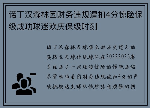 诺丁汉森林因财务违规遭扣4分惊险保级成功球迷欢庆保级时刻 诺丁汉森林因财务违规遭扣4分惊险保级成功球迷欢庆保级时刻